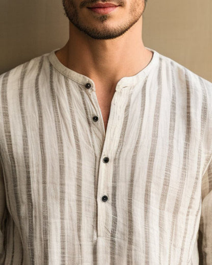 Kurta Style Stripe Printed Cotton Shirt