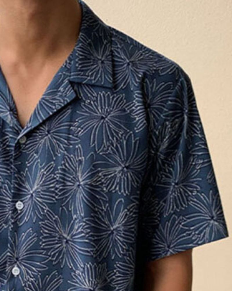 Digital Sunflower Print Blue Cotton Shirt