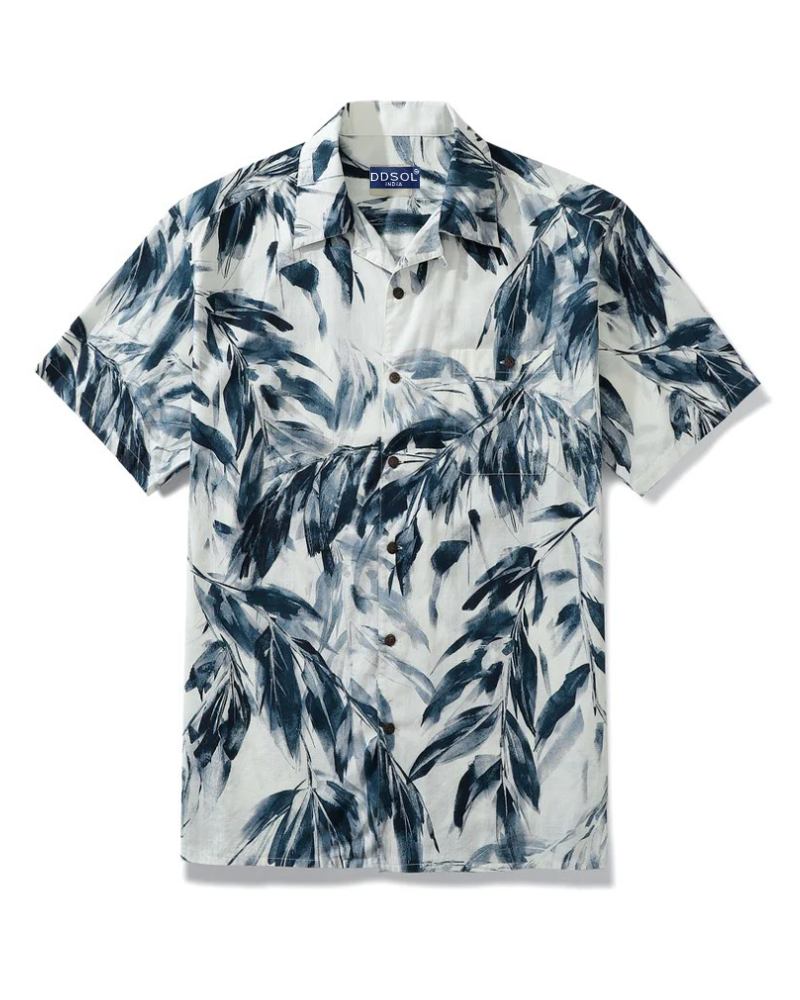 Garden Leaves Print Blue Cotton Shirt