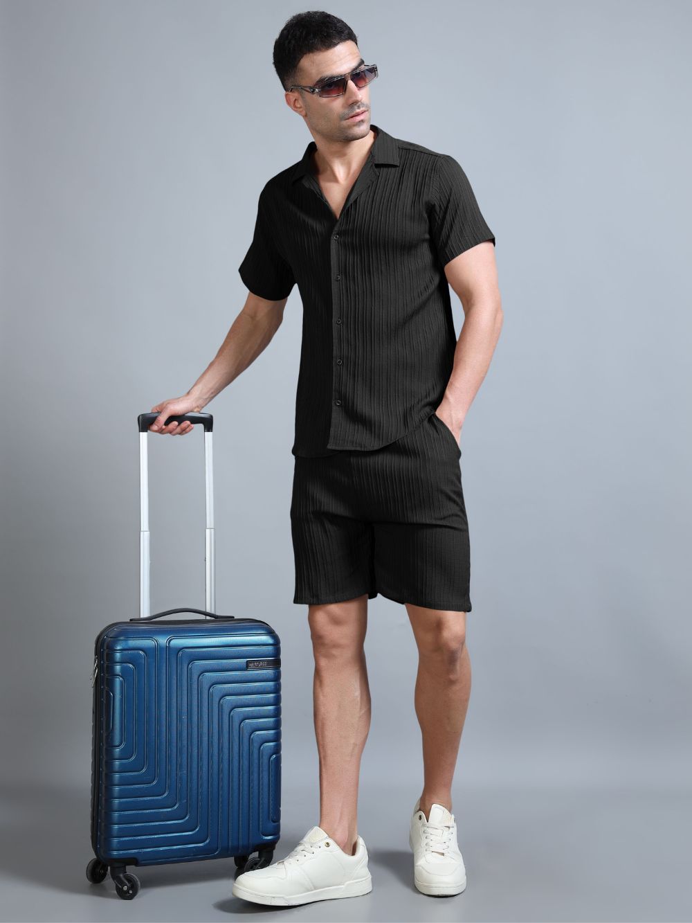 Blackout Co-ord Set front view with luggage