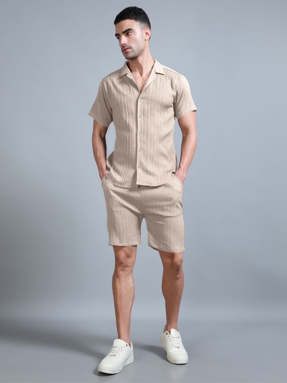Front view full beige co-ord outfit