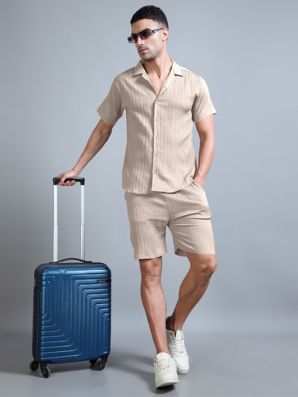 Full beige co-ord set with suitcase