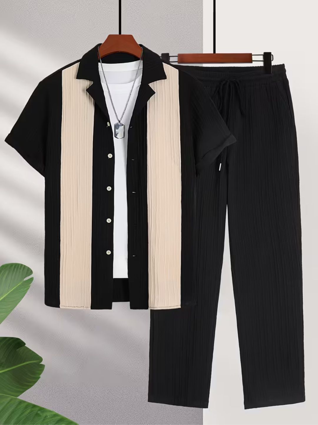 Men’s Black & Beige Textured Co-Ord Set