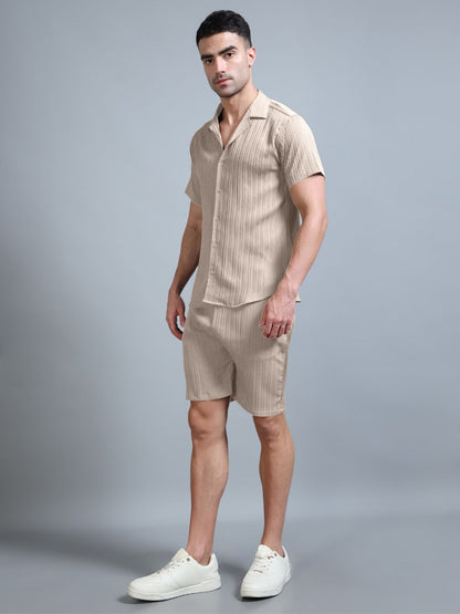Side angle pose in beige co-ord set